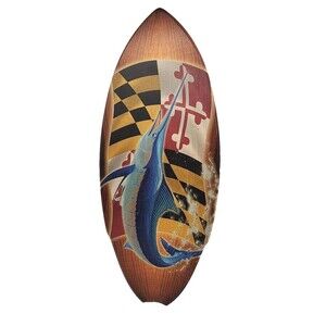 CYA in California Mini Wood Surfboard Blue Marlin Flag Crest Wall Decor 20"X 9"